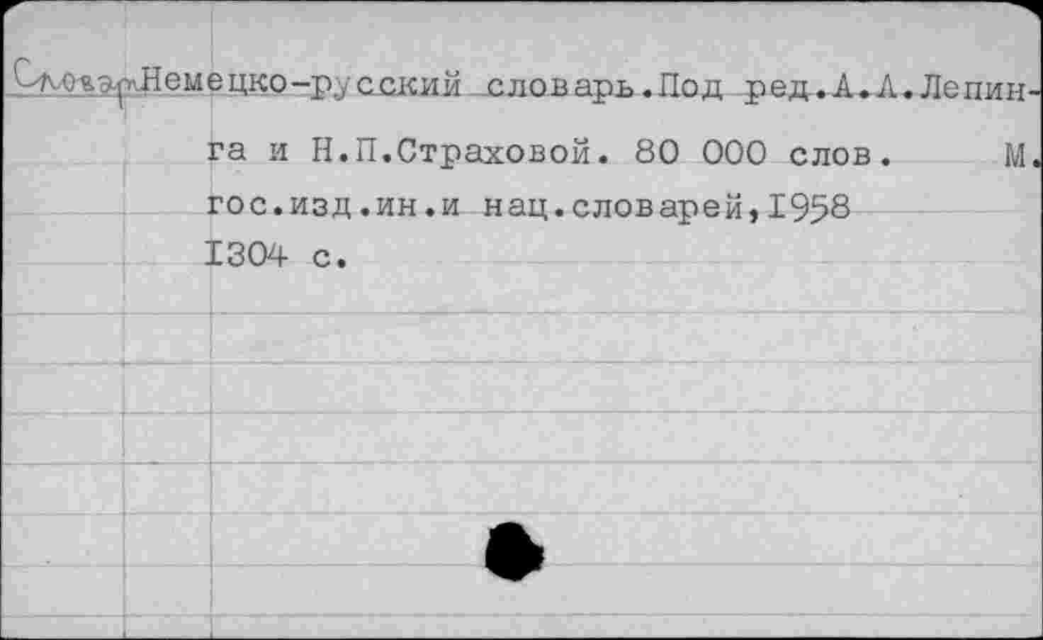 ﻿э-рЛемецко-русский „словарь. Под ред.А.Л.Лепин га и Н.П.Страховой. 80 000 слов. М гос.изд.ин.и нац.словарей,1958 1304 с.